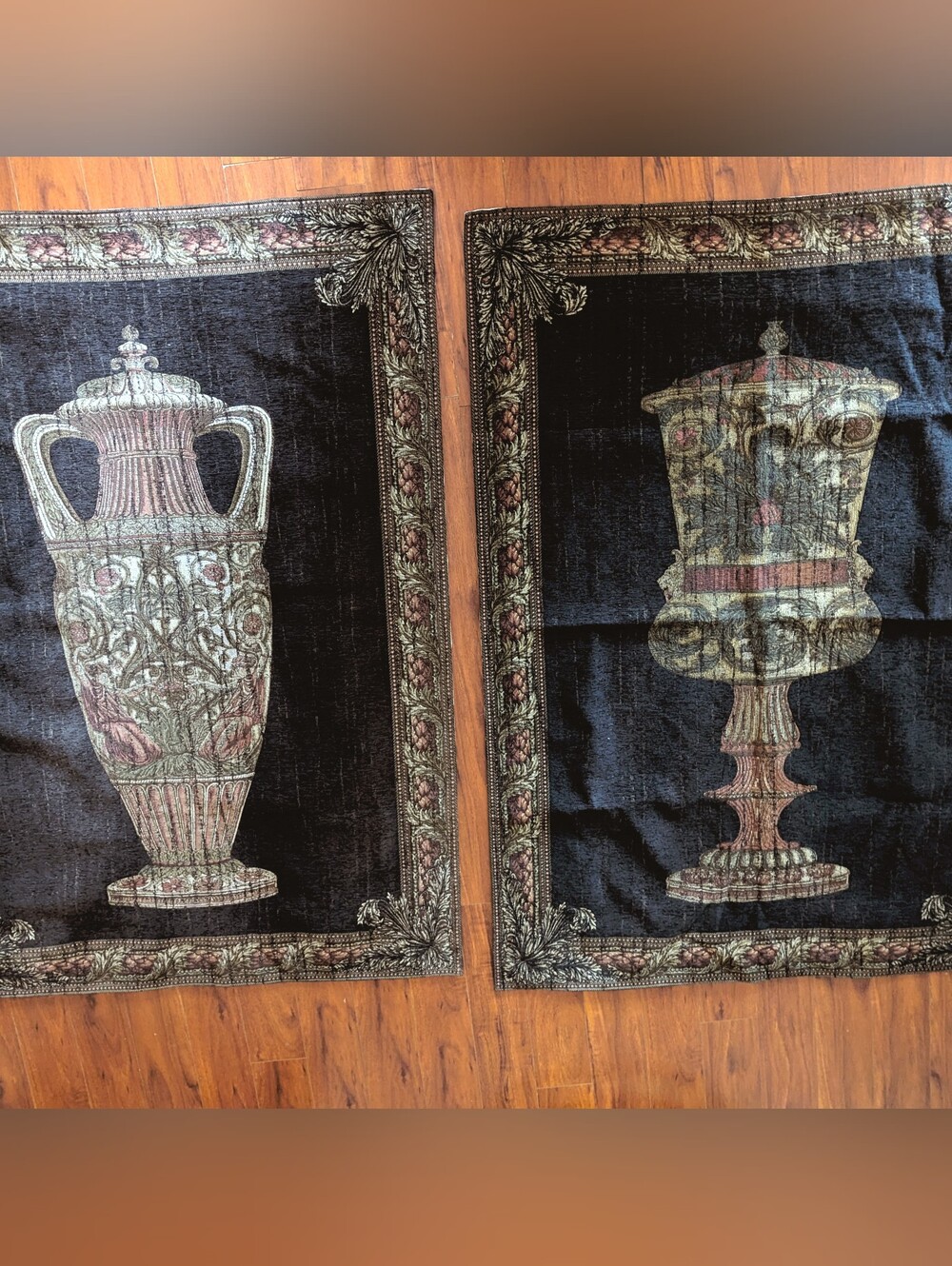 Pair Belgian Chenille Tapestries Black Urn Amphora Old World Wall Hanging 71x50